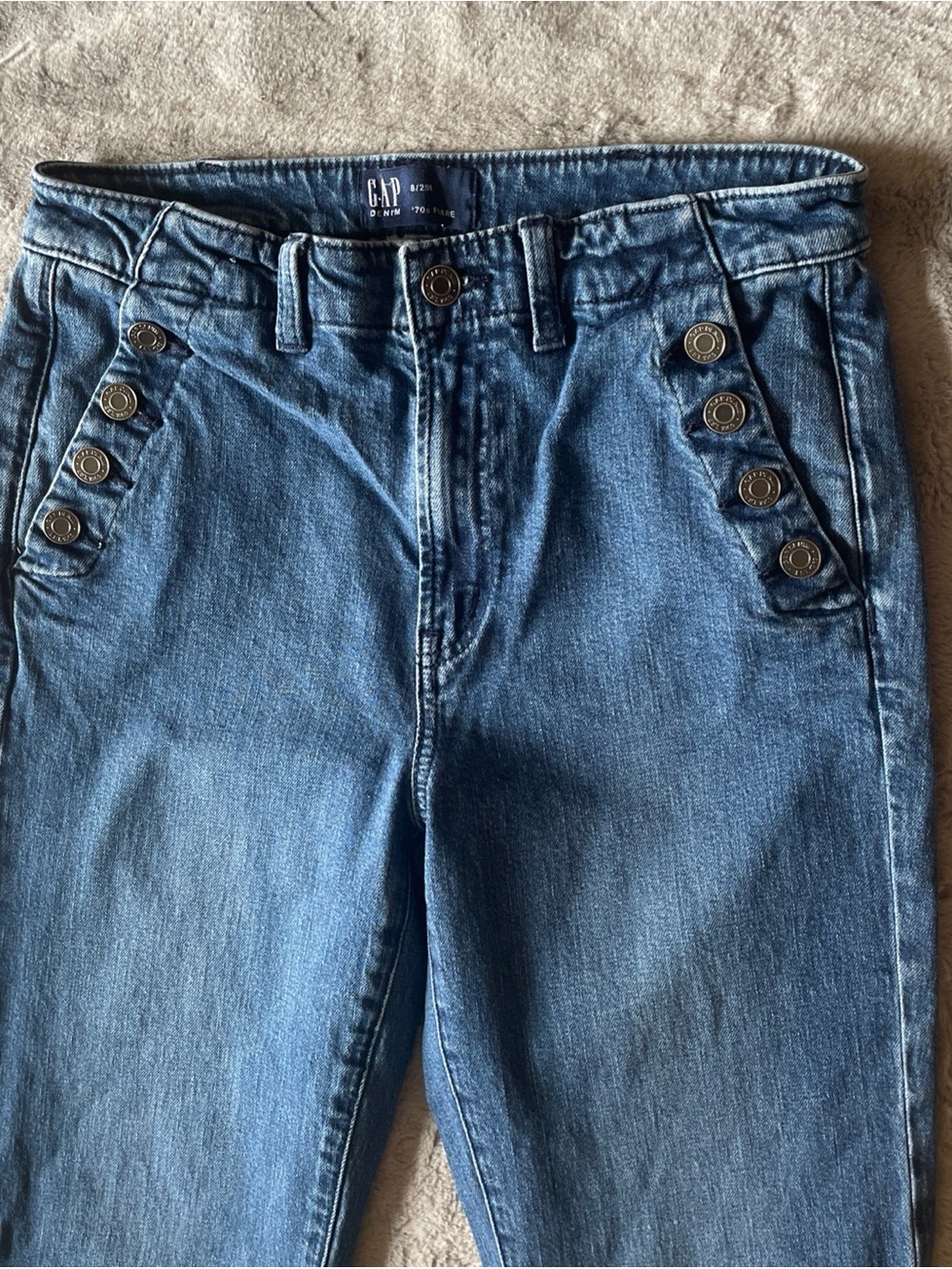 GAP Blue 70’s High-Rise Flare Jeans with Button Pocket Detail sailor pants